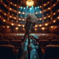 view Concert prep Microphone on theater stage with empty seats, anticipation Royalty Free Stock Photo