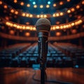 view Concert prep Microphone on theater stage with empty seats, anticipation Royalty Free Stock Photo