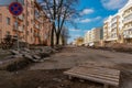 View of the construction site in the city. The restoration of Godard after the war. Repair of pavement and sidewalk