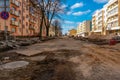 View of the construction site in the city. The restoration of Godard after the war. Repair of pavement and sidewalk