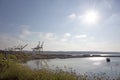 View of container terminal and ocean