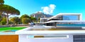 The view of the contemporary decked terrace on the rooftop of the luxury villa designed for the rich unknown person from Miami. 3d Royalty Free Stock Photo