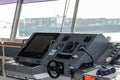 View of the control console on the navigational bridge of the cargo container ship. Royalty Free Stock Photo