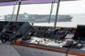 View of the control console on the navigational bridge of the cargo container ship. Royalty Free Stock Photo