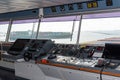 View of the control console on the navigational bridge of the cargo container ship. Royalty Free Stock Photo