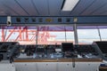 View of the control console on the navigational bridge of the cargo container ship. Royalty Free Stock Photo