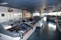 View of the control console on the navigational bridge of the cargo ship.