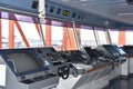 View of the control console on the navigational bridge of the cargo ship. Royalty Free Stock Photo