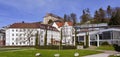 View of the Convent school of the Holy grave, the famous Caracalla Therme and the New Castle in Baden Baden. Baden Wuerttemberg,