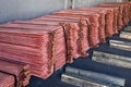 View of the copper ingots or copper cathodes as plate in the manufacture plant. Royalty Free Stock Photo