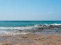 View of the coral reef of Hikkaduwa beach in the Indian Ocean. Copy space. Hikkaduwa, Sri Lanka Royalty Free Stock Photo