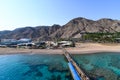 View on coral reef and resort hotels at southern beach of Eilat city aerial view shot from the sea