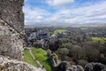 View of Corfe village and church from Corfe Castle in Corfe, Dorset, UK