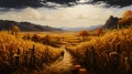 A view of a corn field stretching to the tops of the mountains and two people walking along a path. Corn as a dish of thanksgiving Royalty Free Stock Photo