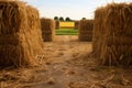 view of a corn maze path flanked by straw hay bales Royalty Free Stock Photo