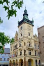 View of the corner tower of the New Town Hall in the medieval town of Nachod, Czech Republic