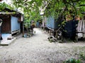 View of the corridor in the middle of the zinc cottage. The beautiful view of Cottage. thai traditional cottage.