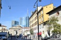 View from Corso Garibaldi to Ancient Porta Garibaldi City Gate and the Unicredit Skyscraper.