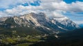 Panoramic view of Cortina D`Ampezzo, Dolomites, Italy, from Lake