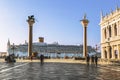 View of the Costa Deliziosa cruise ship sailing past St. Mark`s square in the early morning. Italy,