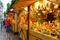 View of the counter with Christmas souvenirs at the Christmas Market, city of Aachen