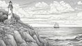 view country _black and white, coloring book page, A lighthouse on a cliff, overlooking the sea and the sky