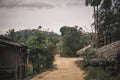 View of country dirt road with wooden hut and buffalo , still life