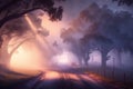 View of a country road in the morning. The rising sun breaks through the thick fog. Landscape illustration with sun rays.