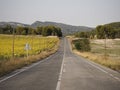 View of a countryside road splitting the fields before the hills