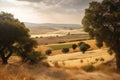 a view of the countryside, with rolling hills and golden fields Royalty Free Stock Photo