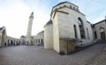 View of courtyard of the Ar-Rahma Mosque Mercy Mosque with building of the mosque itself, minaret, and domes