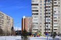 View of the courtyard of the high rise residential building. Balashikha, Moscow region, Russia