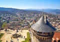 View of the courtyard with tower at Wernigerode Castle with the Harz Mountains and the city in the background. Germany Royalty Free Stock Photo