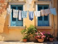 view of the courtyard where the laundry is hung out in front of two windows and large vases with flowers