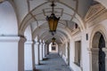 View of covered walkway around the historic Great Market Square in Zamosc in southeast Poland