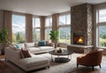 View of a cozy living room with a stone fireplace and a sofa with large windows, a cozy place to relax