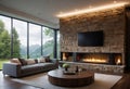 View of a cozy living room with a stone fireplace and a sofa with large windows, a cozy place to relax