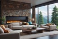 View of a cozy living room with a stone fireplace and a sofa with large windows, a cozy place to relax