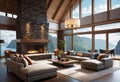 View of a cozy living room with a stone fireplace and a sofa with large windows, a cozy place to relax