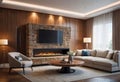 View of a cozy living room with a stone fireplace and a sofa with large windows, a cozy place to relax