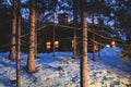 View of a cozy wooden scandinavian cabin cottage chalet house covered in snow near ski resort lodge in winter with the christmas