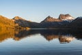 View of Cradle mountain with Dove lake in Tasmania, Australia at sunset. Royalty Free Stock Photo