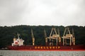 DURBAN HARBOUR, DURBAN, KWA-ZULU NATAL, SOUTH AFRICA - SHIP WITH CRANES AND BLUFF IN BACKGROUND