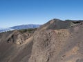 View on crater of colorful volcano Deseada along the path Ruta de los Volcanes, beautiful hiking trail at La Palma