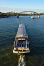 Cruise boat on Rhine river and Hohenzollern Bridge, Cologne, Germany