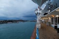 View of the Cruise Port of Venice from the open deck of the passenger cruise ship, evening, cloudy weather. Travel Royalty Free Stock Photo