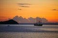 View of cruise sailing ship at sunset