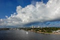 The view from a cruise ship of Port Everglades, in Ft. Lauderdale, Florida of the channel out to the ocean with a luxury yacht Royalty Free Stock Photo