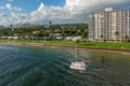 The view from a cruise ship of Port Everglades, in Ft. Lauderdale, Florida of the channel out to the ocean with a luxury yacht Royalty Free Stock Photo