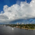 The view from a cruise ship of Port Everglades, in Ft. Lauderdale, Florida of the channel out to the ocean with a luxury yacht Royalty Free Stock Photo